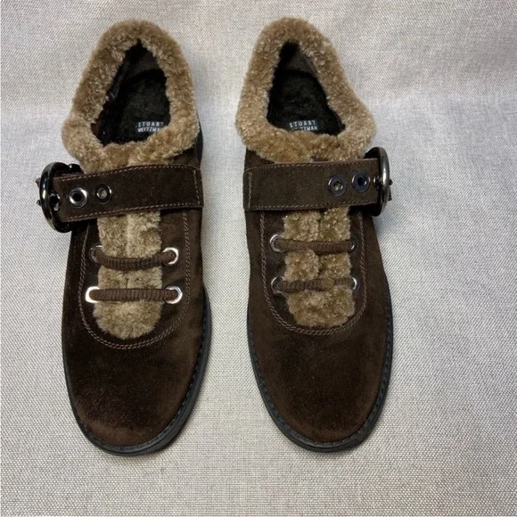 Stuart Weitzman Brown Suede Shearling-Lined Shoe with buckle closure & lug sole - Picture 1 of 12